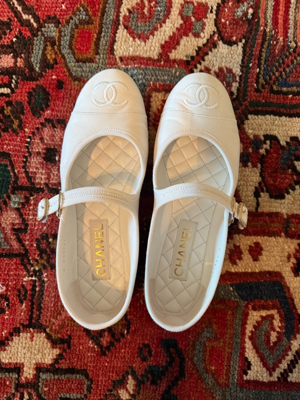 CHANEL Cream Mary Jane Quilted Leather Flats